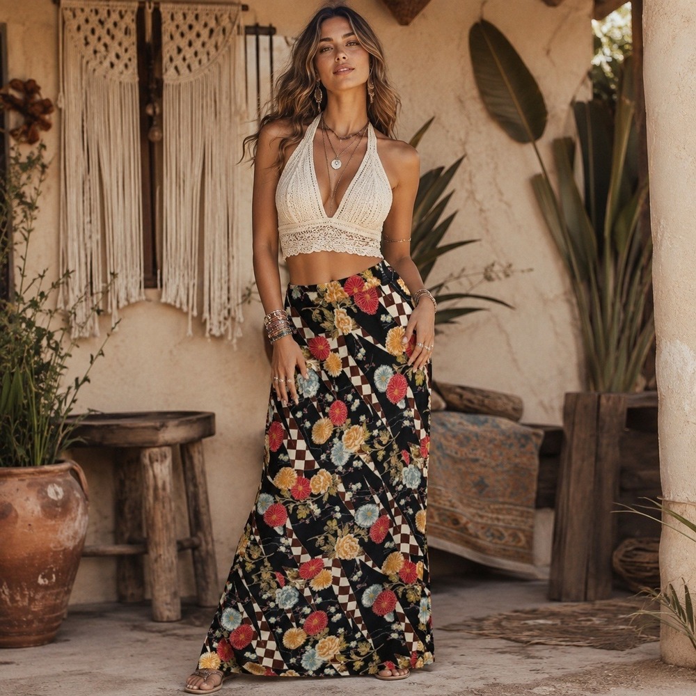Black Floral Checkered Vintage Retro Boho Maxi Skirt SZ M Advantage by Mary Jane
